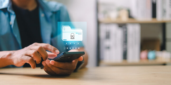 Privacy protection, secret secured lock, safety or security to archive file or document. Person holding lock document file folder with padlock. - Powered by Adobe