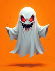 A white ghost with a horror face is shown isolated on an orange background, creating a spooky and eerie Halloween-themed visual.
