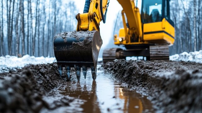 This striking imagery depicts a yellow excavator digging into wet, muddy ground, illustrating the power of heavy machinery in construction and the raw force of nature in action.