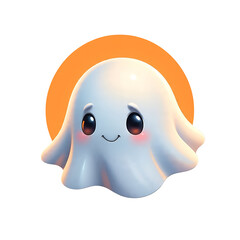 A white cute ghost with a happy expression is isolated on an orange background, creating a fun and friendly Halloween-themed design.

