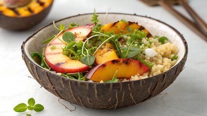 summer salad bowl with microgreens coconut shell bowl fine-dining concept Fresh salad bowl with grilled peaches, herbs, and quinoa served in a coconut shell.