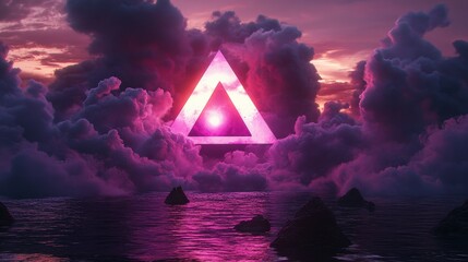 A glowing triangle shape hovers over a body of water amongst clouds at sunset.