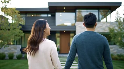 Couple walks towards modern home, garden background, real estate