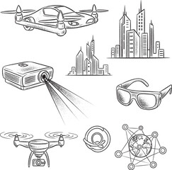 Chalkboard-style hand-drawn icons illustrating modern technology and futuristic concepts, including smart cities and drones.