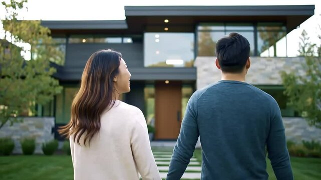 Couple walks towards modern home, garden background, real estate - Powered by Adobe