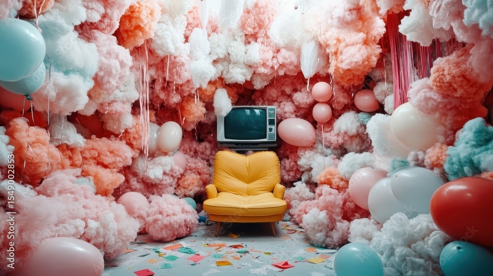 Poster an imaginative space filled with fluffy clouds and colorful balloons, creating a dreamy and playful 