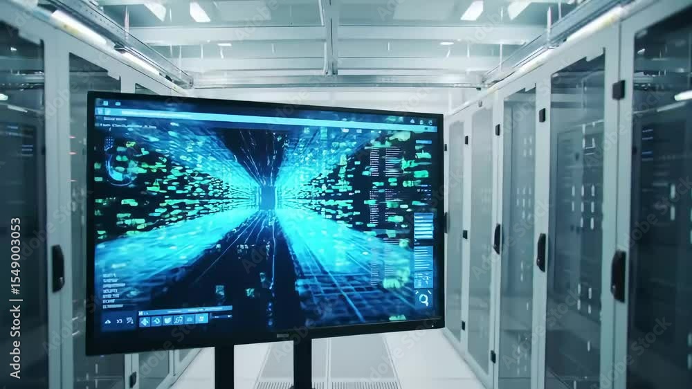 Poster data center monitor displays digital flow; server room background, tech use