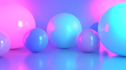 Abstract 3D spheres with vibrant neon lighting and reflections on a glossy surface, futuristic design