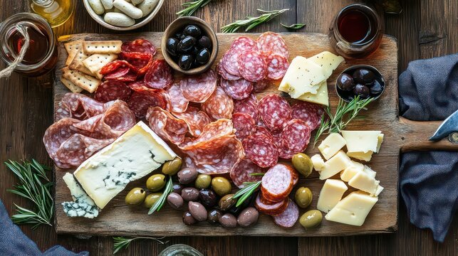 Rustic Charcuterie Board Overflowing with Salami Cheese Olives and Crackers