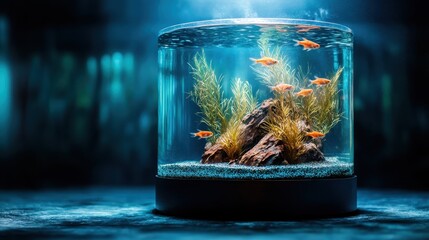 An enchanting underwater scene featuring colorful goldfish swimming amidst aquatic plants in a crystal-clear aquarium, representing life, beauty, and serenity within nature.