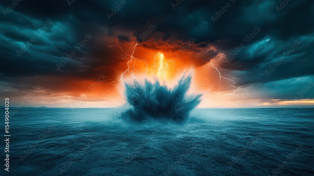 Poster a dramatic explosion surrounded by ominous clouds and striking lightning illuminates the sky, creati