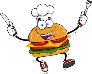 Burger Chef Cartoon Character Jumping with Knife and Fork - Vector Hand Drawn Illustration Isolated On Transparent Background