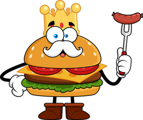 Funny Burger Cartoon Character Dressed as King Holding Sausage on Fork - Vector Hand Drawn Illustration Isolated On Transparent Background