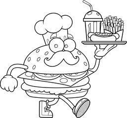 Burger Chef Cartoon Character Walking and Holding Fast Food Meal Tray
