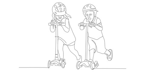 Kids Riding Scooters – Minimalist Continuous‑Line Vector Illustration