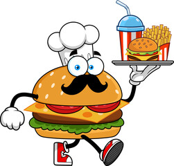 Burger Chef Cartoon Character Walking and Holding Fast Food Meal Tray - Vector Hand Drawn Illustration Isolated On Transparent Background
