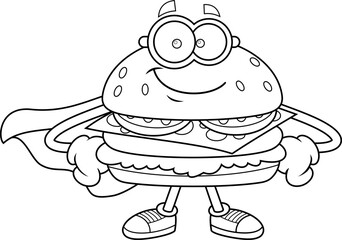 Burger Superhero Cartoon Character with Mask and Cape