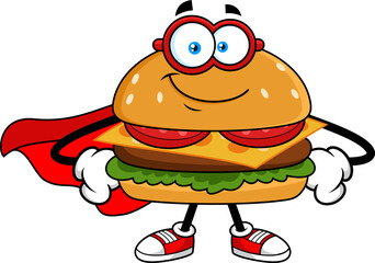 Burger Superhero Cartoon Character with Mask and Cape - Vector Hand Drawn Illustration Isolated On Transparent Background