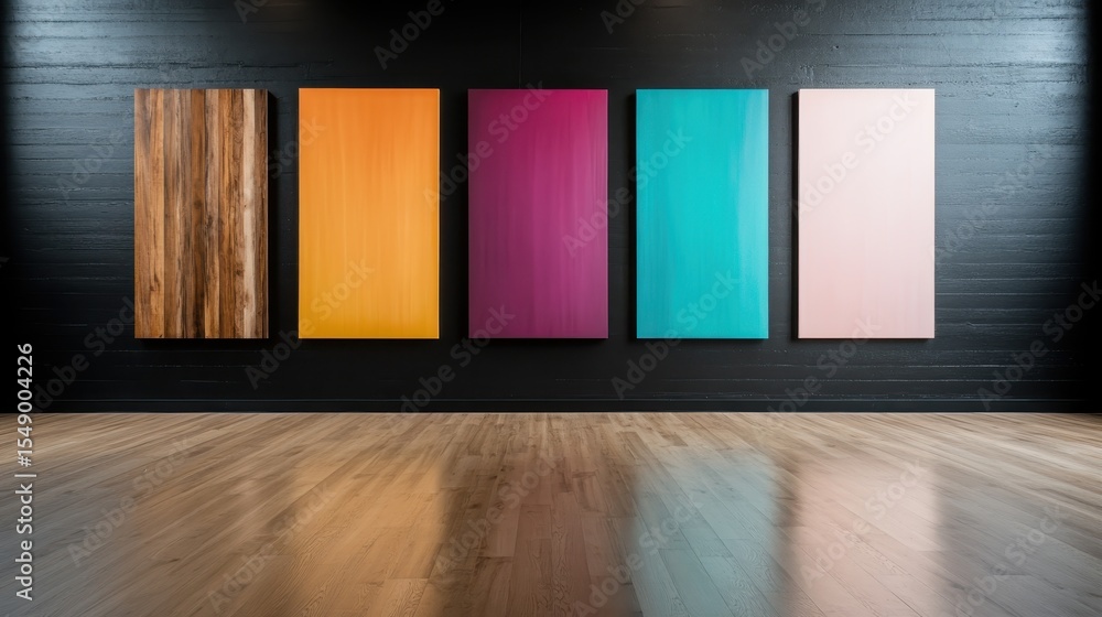 Poster this captivating image features five colorful abstract panels set against a black background, creati