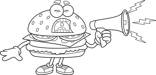 Funny Burger Cartoon Character Shouting Through Megaphone