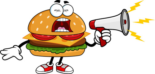 Funny Burger Cartoon Character Shouting Through Megaphone - Vector Hand Drawn Illustration Isolated On Transparent Background