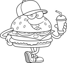 Funny Burger Cartoon Character Holding Soft Drink and Smiling