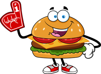 Smiling Burger Cartoon Character Holding Foam Finger - Vector Hand Drawn Illustration Isolated On Transparent Background