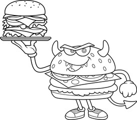 Funny Devil Burger Cartoon Character Holding Cheeseburger