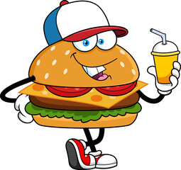 Funny Burger Cartoon Character Holding Soft Drink and Smiling - Vector Hand Drawn Illustration Isolated On Transparent Background