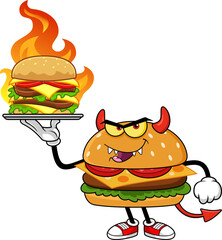 Funny Devil Burger Cartoon Character Holding Flaming Cheeseburger - Vector Hand Drawn Illustration Isolated On Transparent Background