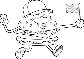 Black and White Happy Burger Cartoon Character Running with American Flag