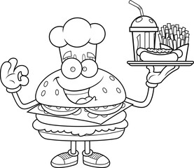 Burger Chef Cartoon Character Holding Fast Food Tray with Hot Dog, Fries and Soda