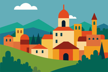 Naklejka premium Mediterranean village landscape illustration