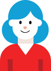 Stylized Vector Illustration of a Woman with Blue Hair and a Red Shirt Featuring a Minimalist Design and Bold Colors on a White Background
