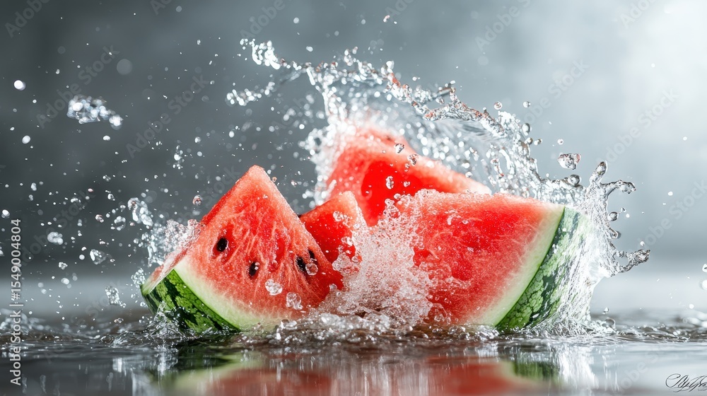 Poster vibrant watermelon slices splashing into water, creating a dynamic and refreshing visual that captur