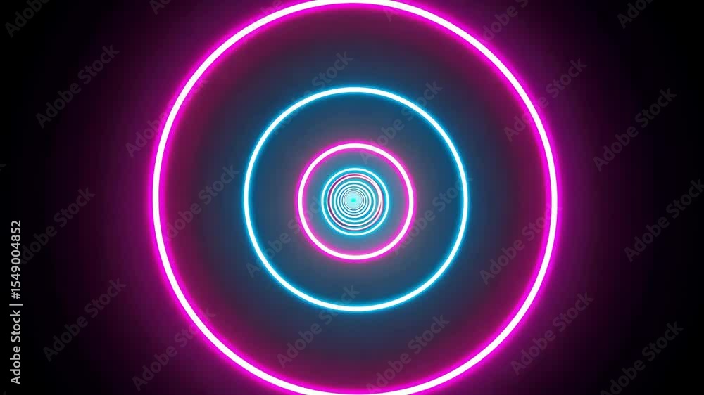 Poster abstract neon light circles spinning and creating tunnel. endless spiral pattern. modern digital art