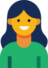 Flat Vector Illustration of a Smiling Woman with Yellow Skin Dark Blue Hair and a Green Shirt Against a White Background Ideal for Diverse Representation