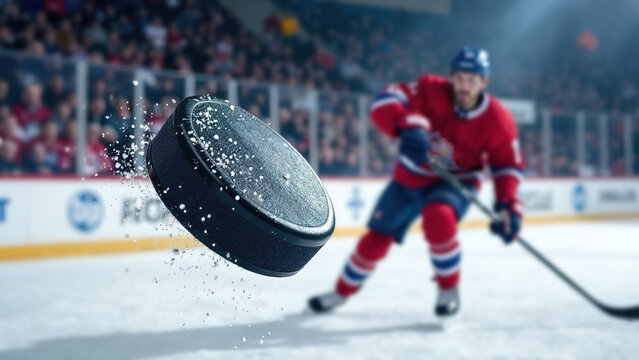hockey player wearing blue and red uniform move on dark stadium background throws the puck to the foreground. copy space banner
