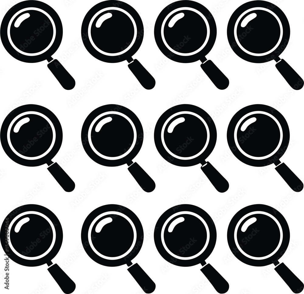 Poster seamless pattern of black magnifying glass icons on white background representing search investigati