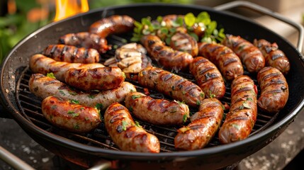 Fototapeta premium A mouthwatering assortment of grilled sausages and vegetables sizzle on a barbecue, showcasing delicious food preparation, summer gatherings, and the joy of outdoor cooking.