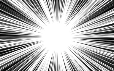 Diagonal speed lines background. Comic book explosion wallpaper. Abstract black and white radial lines frame design. Sunrise in manga or anime cartoon.