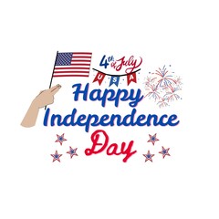 Happy Independence Day USA &ndash; Hand Holding American Flag with Fireworks and Patriotic Lettering
