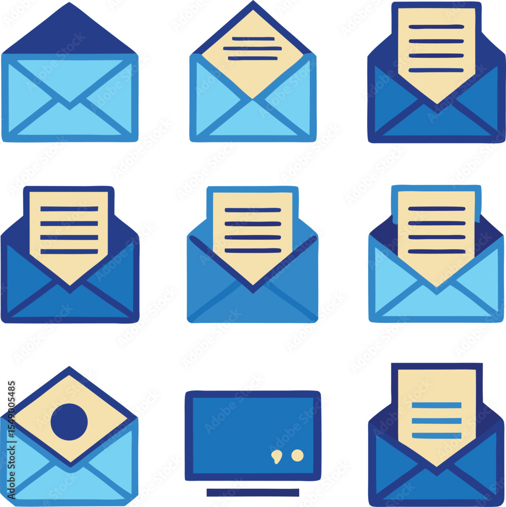 Poster collection of blue email icons with varying contents including letters attachments and a closed enve
