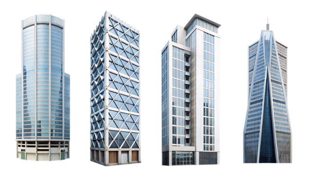   collection of tall office building realistic image isolated on white background PNG ,ai generated