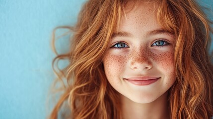 Naklejka premium A cheerful young girl with vibrant red hair and charming freckles smiles radiantly against a soft blue background, capturing pure joy and innocence in her expression.