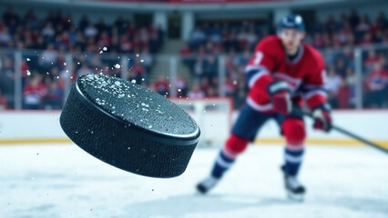 Fototapeta premium hockey player wearing blue and red uniform move on dark stadium background throws the puck to the foreground. copy space banner