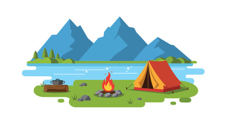 Scenic Camping Adventure by Mountain Lake at Sunset isolated on white background.