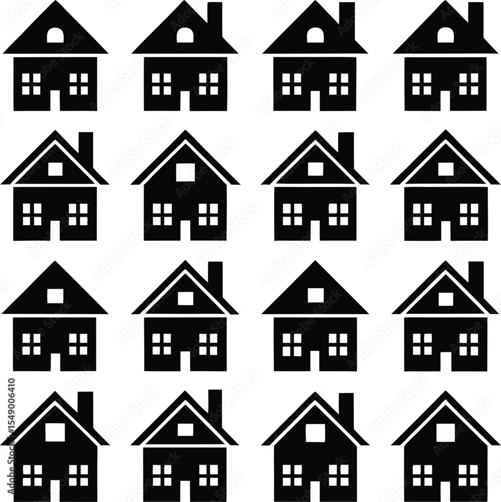 Poster monochrome pattern of stylized house icons with various roof styles and window arrangements arranged