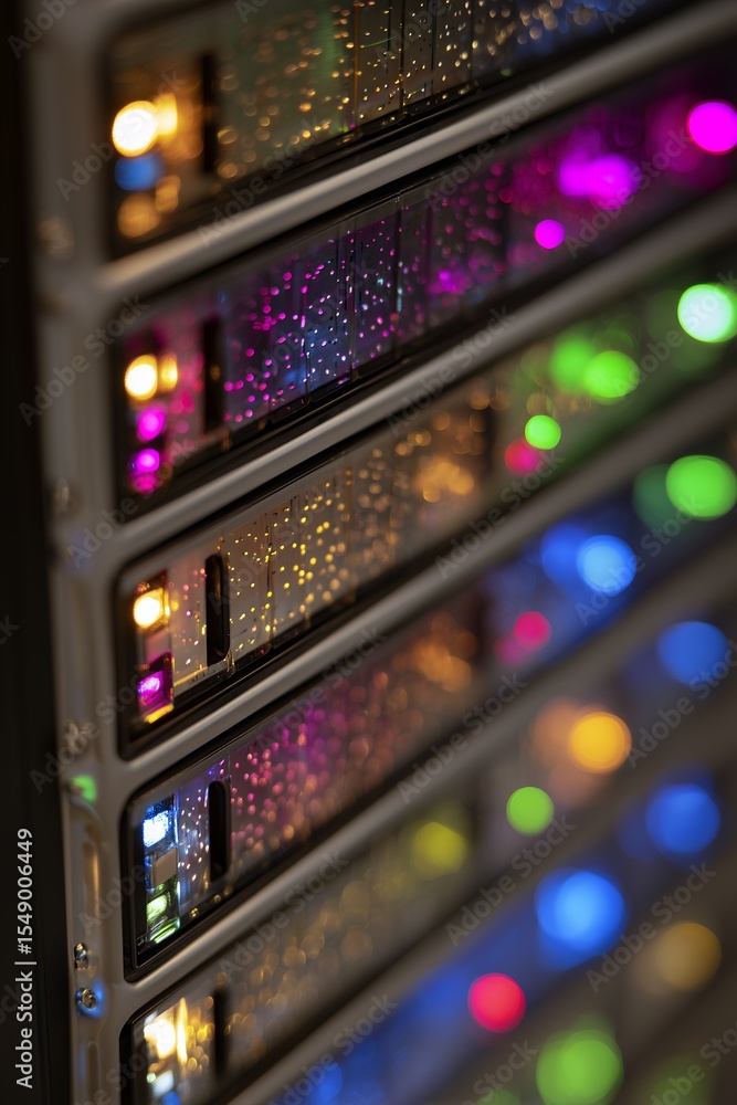 Fototapete illuminated front panels of modern server hardware showing active data processing and network operat