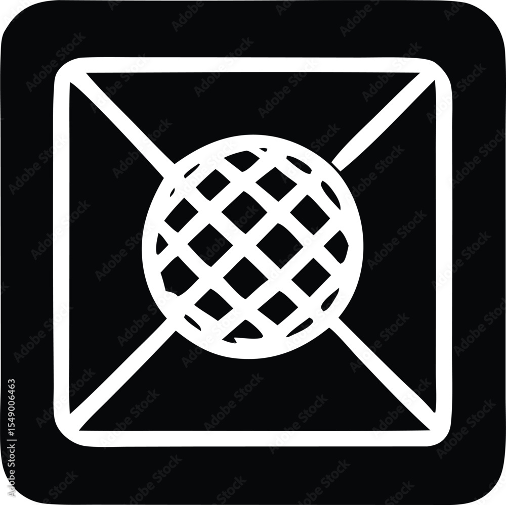 Poster monochrome icon of a globe within a square frame and diagonal lines representing global connectivity